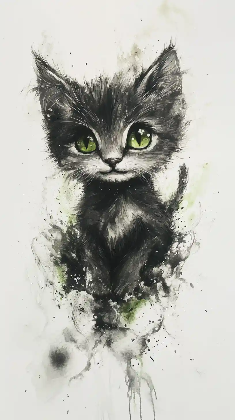 Dreamlike watercolor close up of a tiny smiling kitten