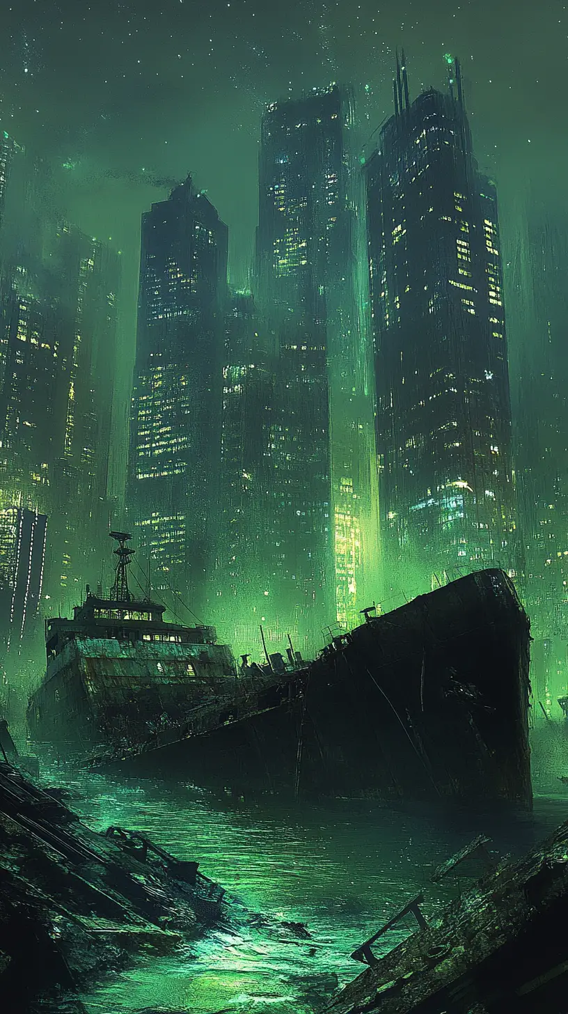 Post apocalyptic city at night with sunken cargo ship