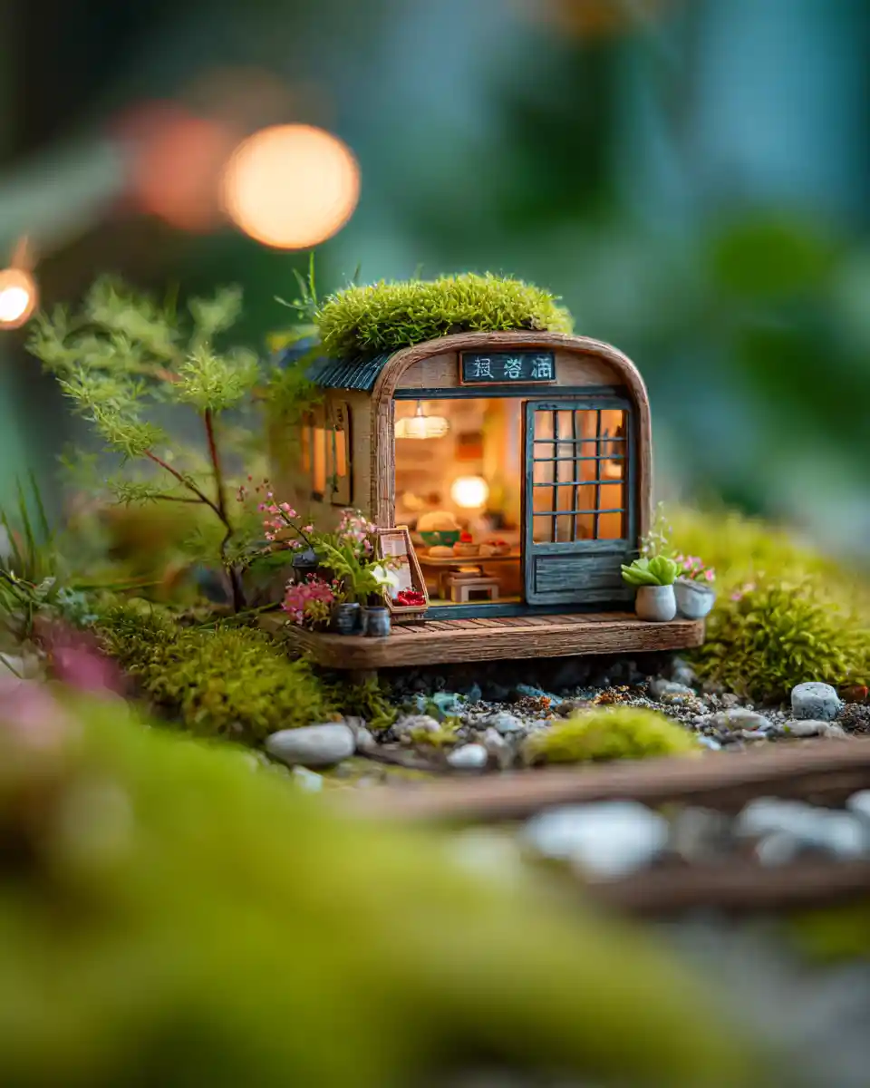Macro photograph of a tiny sushi themed miniature house