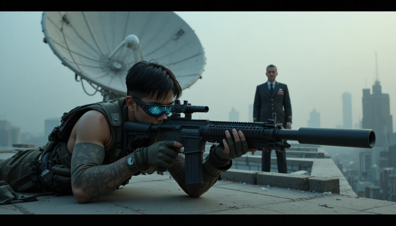 Soldado atirador em um telhado cyberpunk ao entardecer