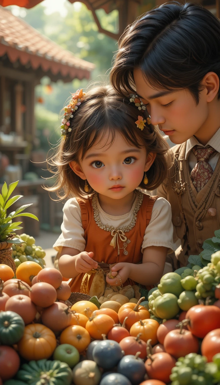 Petite fille avec ses parents vendant des fruits dans un marché fantastique