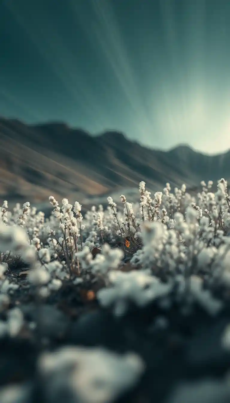 Ethereal snow growing in a mysterious desolate landscape