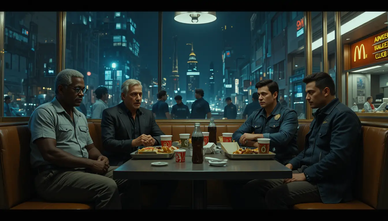 Cuatro hombres reunidos en un reservado de McDonald’s por la noche