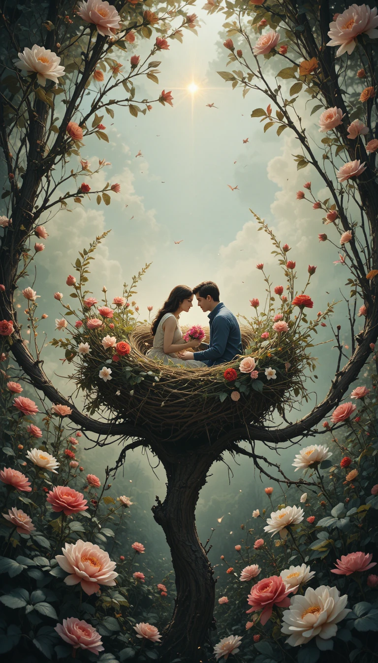 Romantic human couple resting in a nest under stars