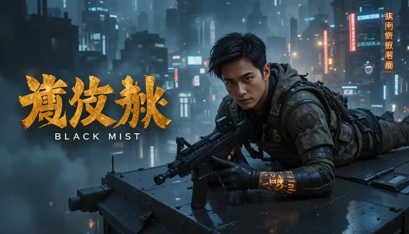 Armored sniper on a futuristic rooftop at night