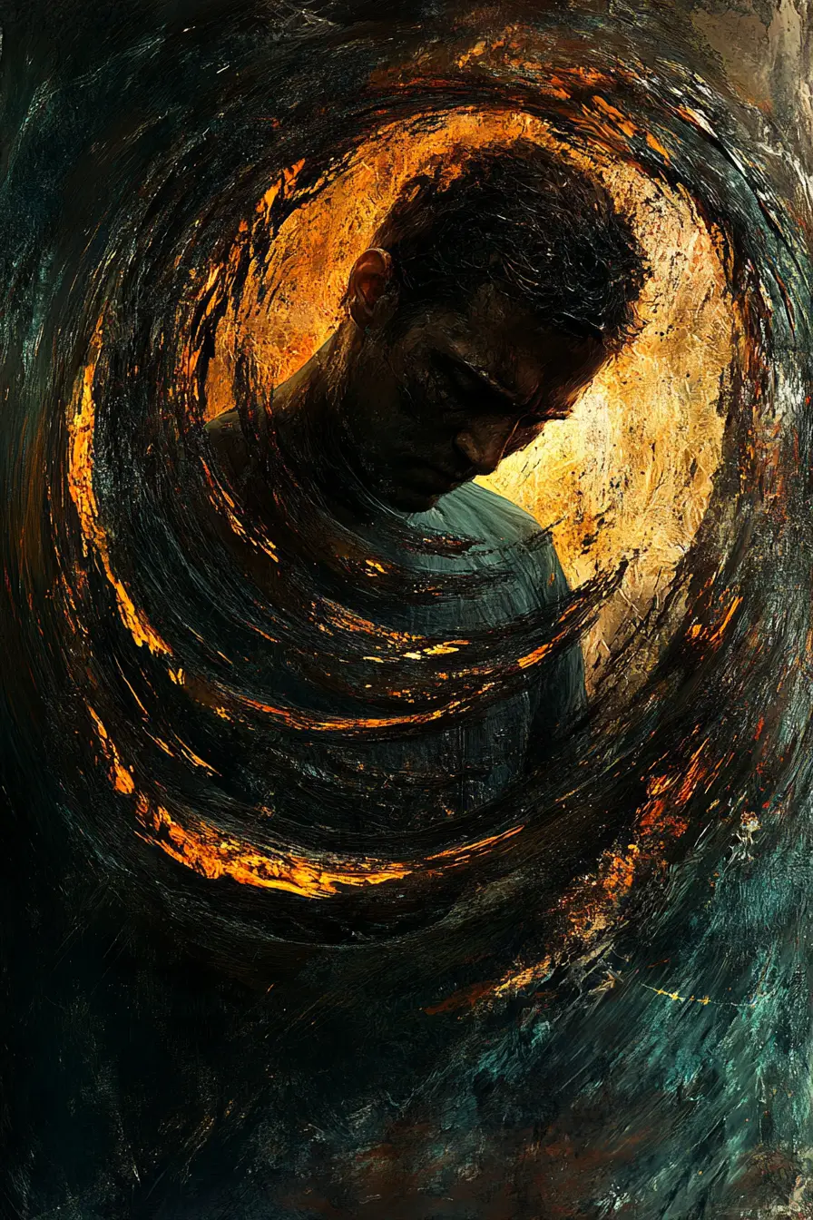 Mann vor dunklem, spiralförmigem abstraktem Hintergrund