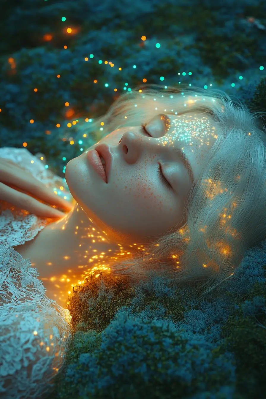 魔法の空の下、光る苔に佇む幻想的な女性