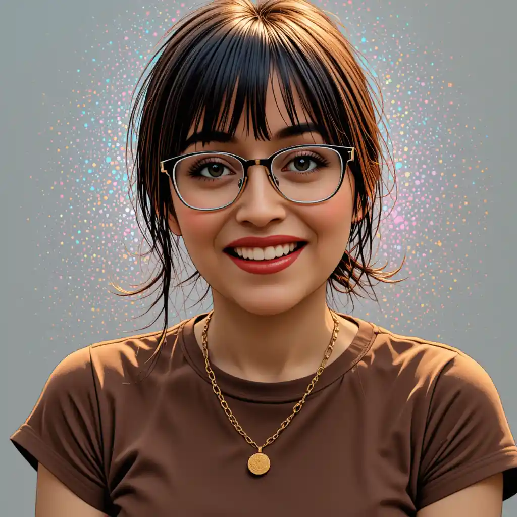Retrato pop art de una mujer sonriente con gafas y collar