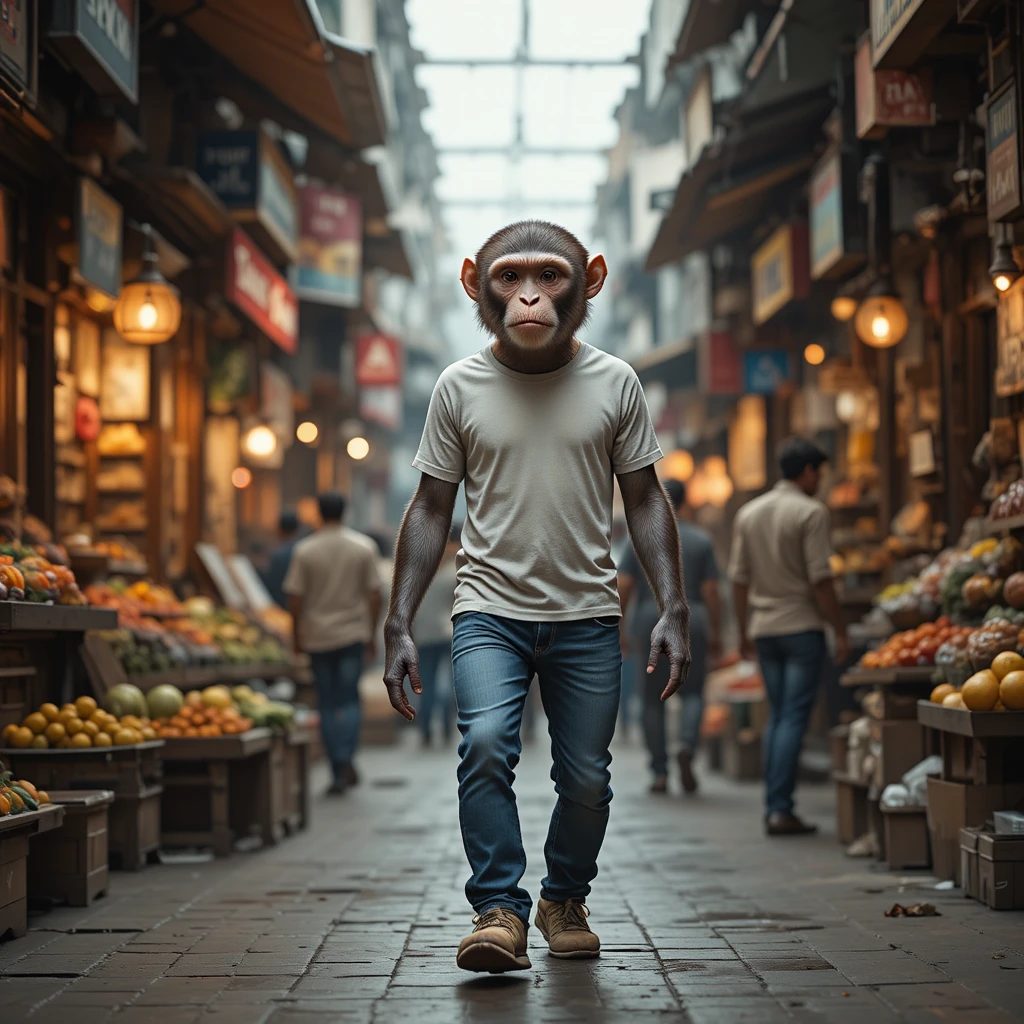 Realistic monkey walking upright in a crowded street market