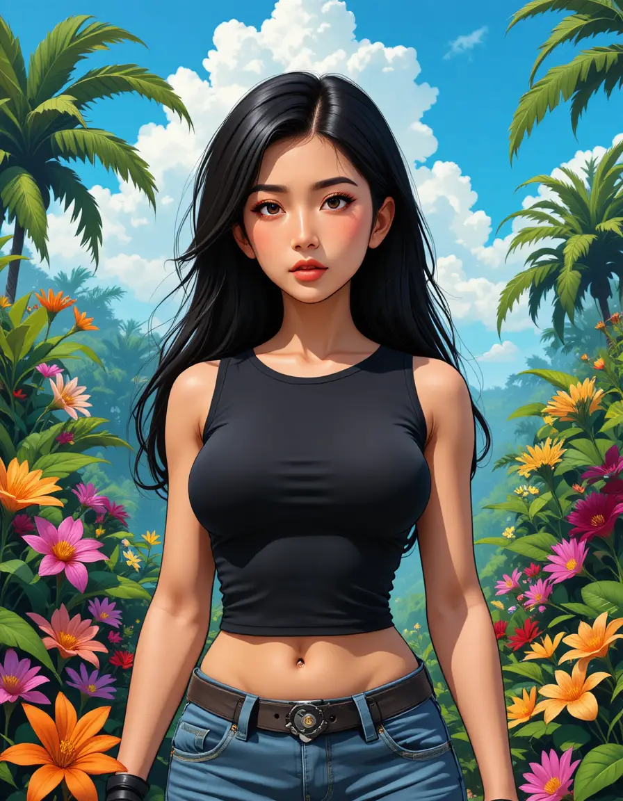 Mulher cínica de camisa preta em um jardim tropical exuberante