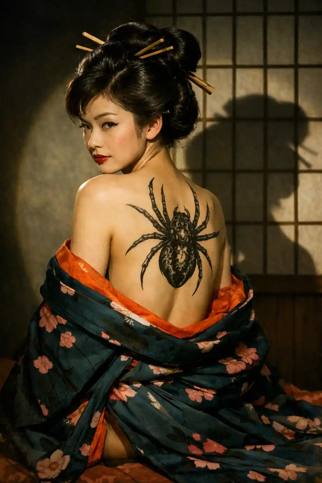Japanese woman in teal kimono with spider tattoo