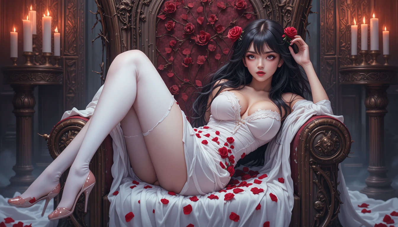 Donna anime seducente su un trono di spine con candele