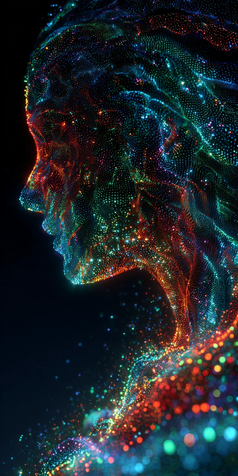 Silhueta digital vívida de cores e código binário em fluxo