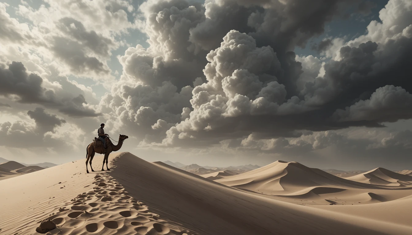 Kamel ruht auf scharfen Sanddünen unter dramatisch wirbelndem Himmel