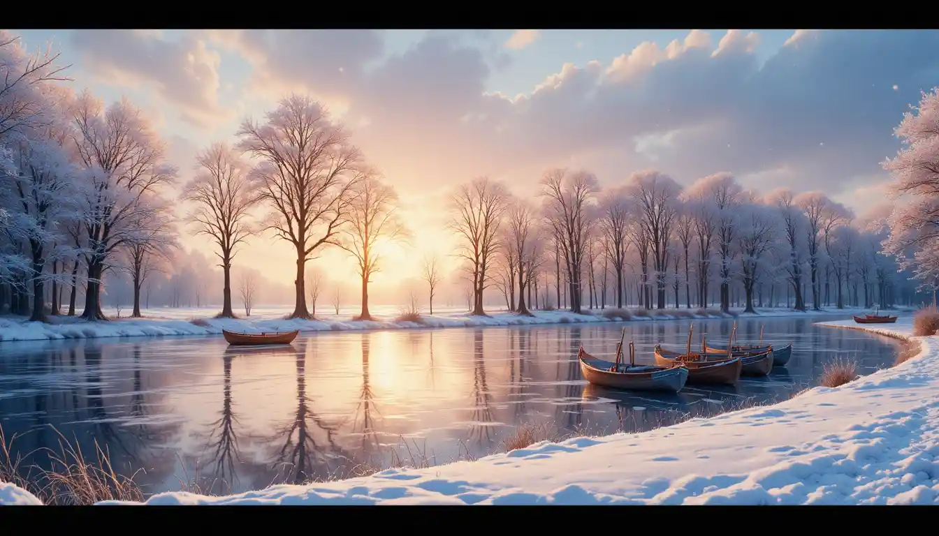 Lac d’Hiver Paisible avec Barques au Coucher du Soleil en Aquarelle