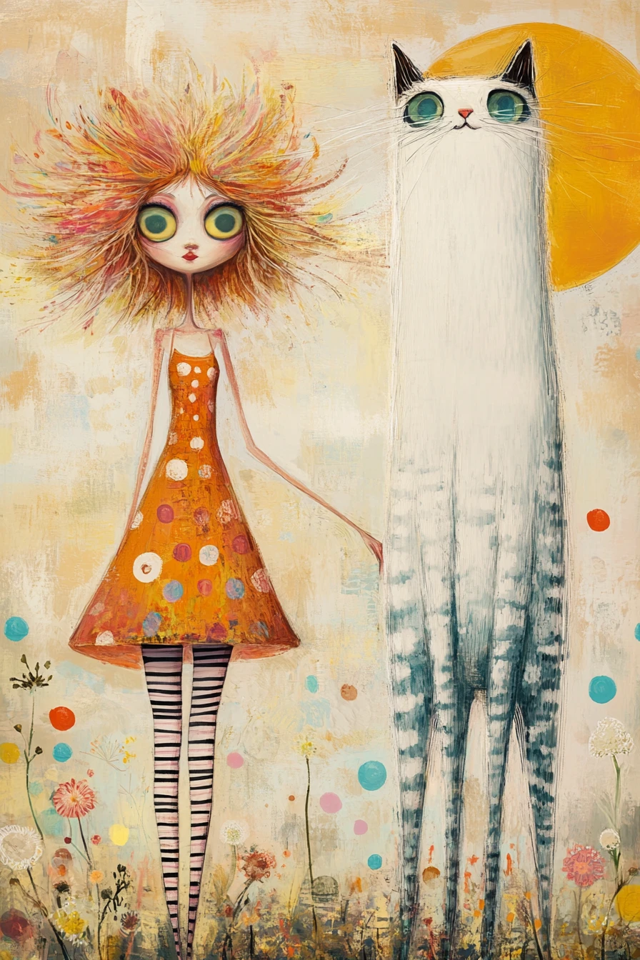Whimsical woman and towering fluffy cat in sunny colors