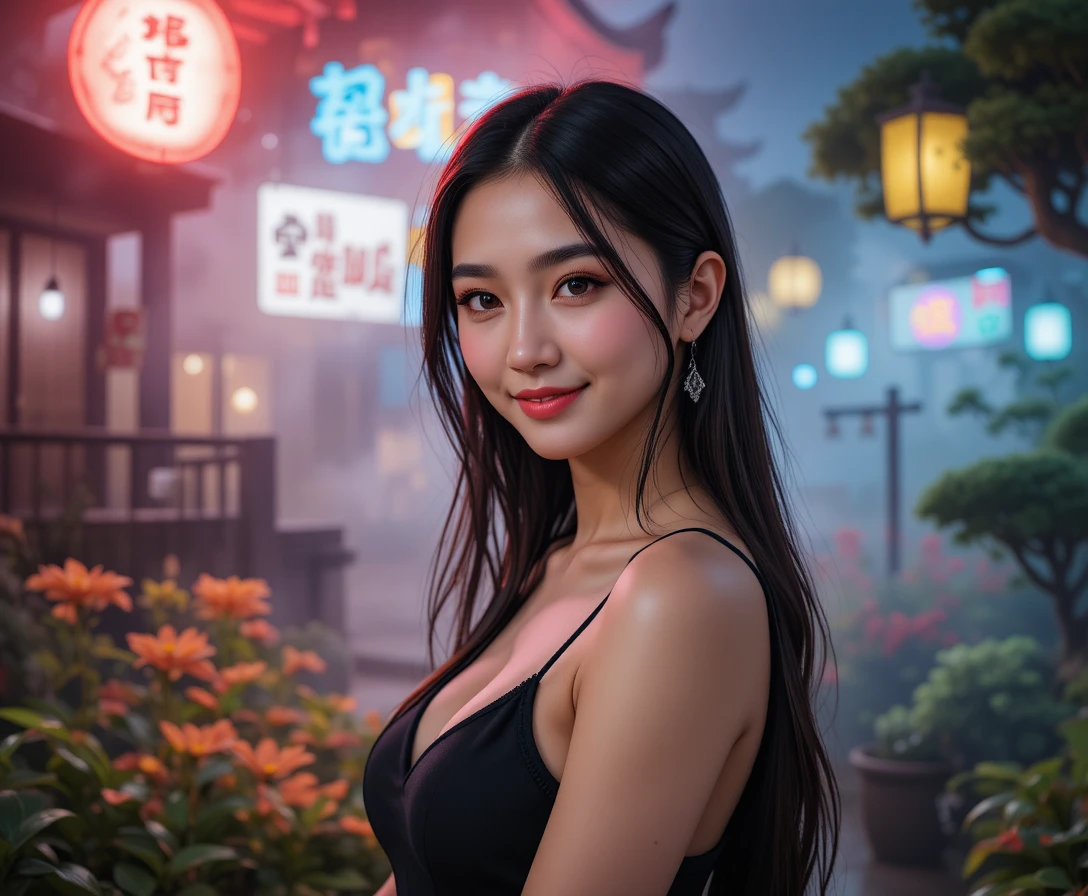 Serene Asian Woman In Black Tank Top In Misty Garden