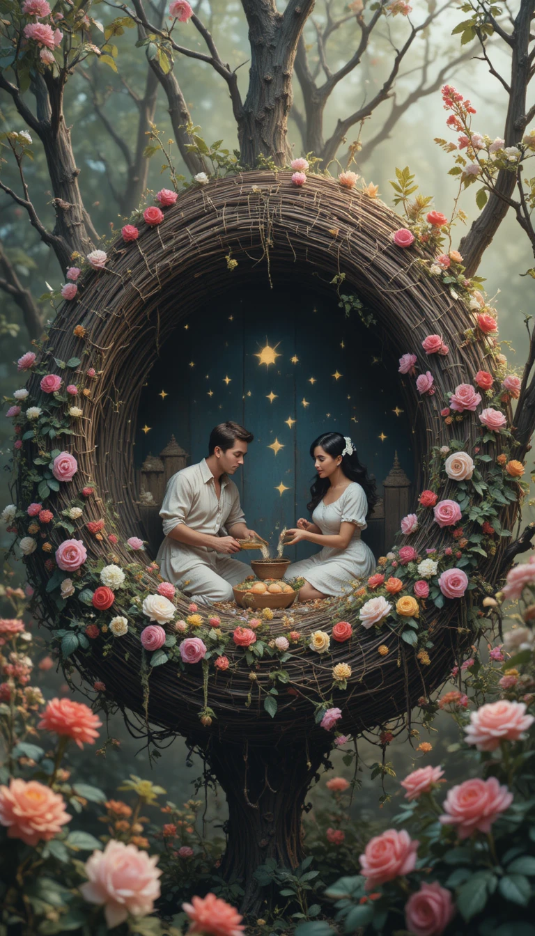 Human family cooking together inside a surreal bird nest