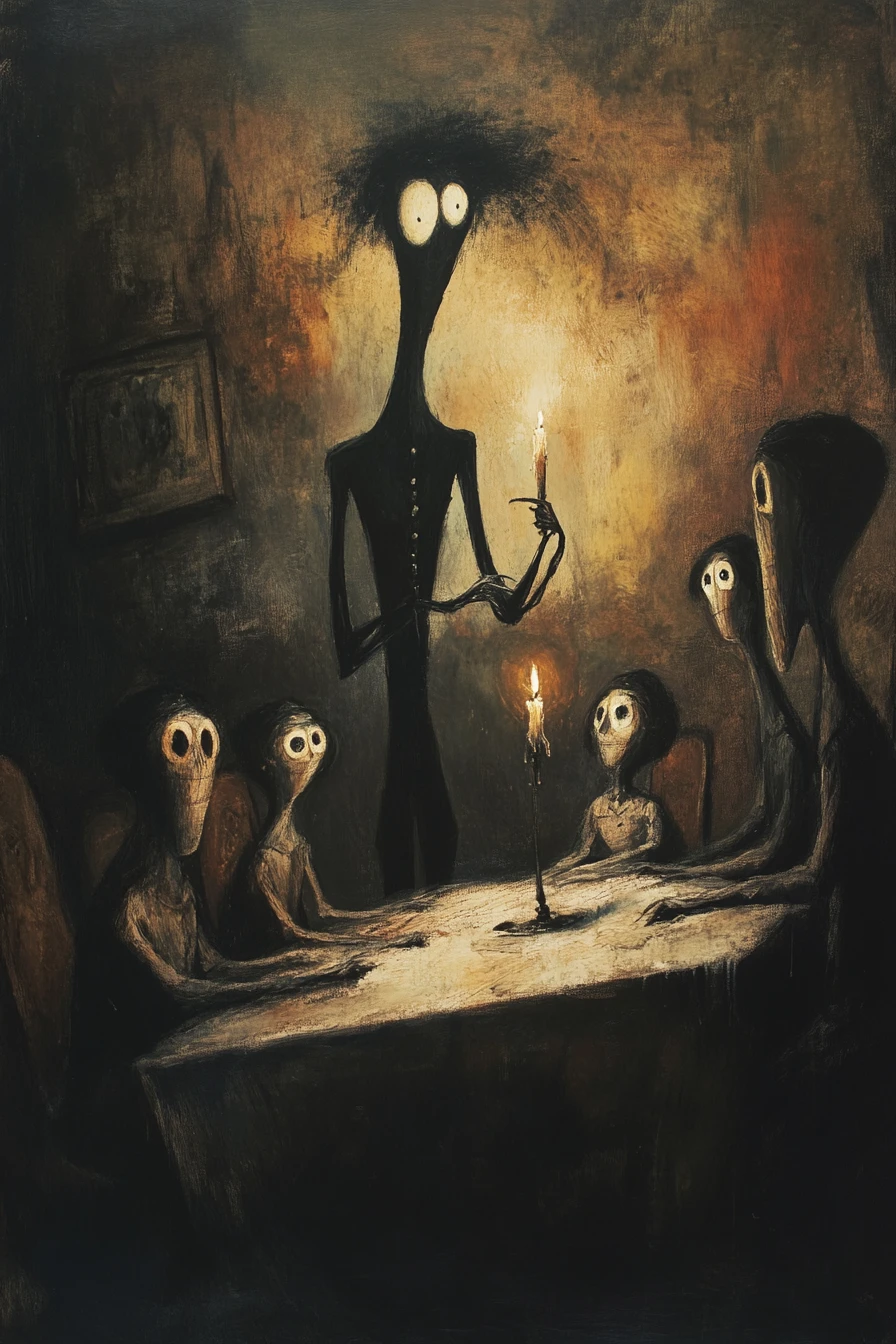 Homme à la bougie éclairant des silhouettes autour d’une table sombre