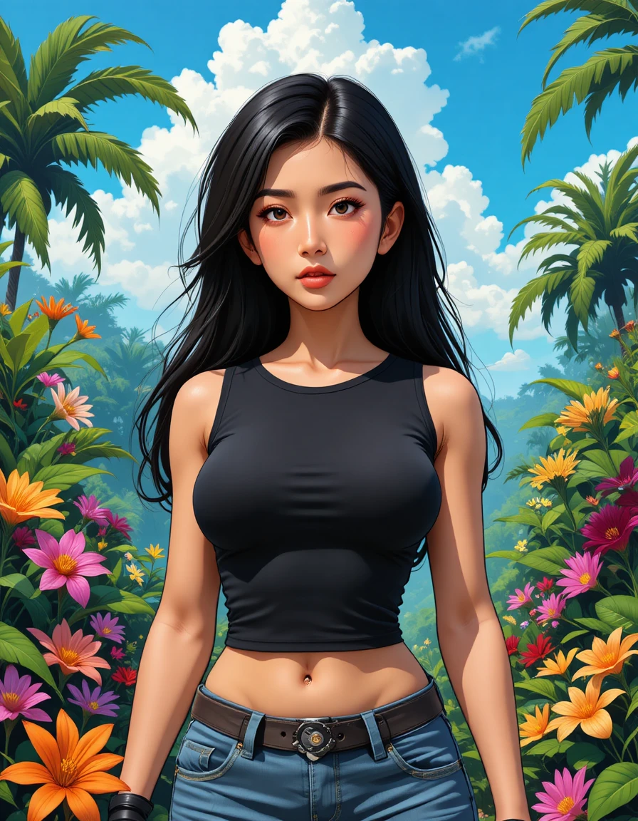 Mulher cínica de camisa preta em um jardim tropical exuberante