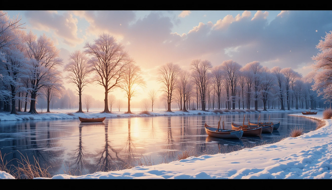 Lac d’Hiver Paisible avec Barques au Coucher du Soleil en Aquarelle