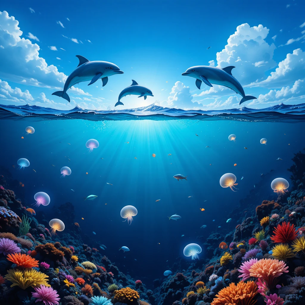 海豚與水母的分割視角大西洋場景
