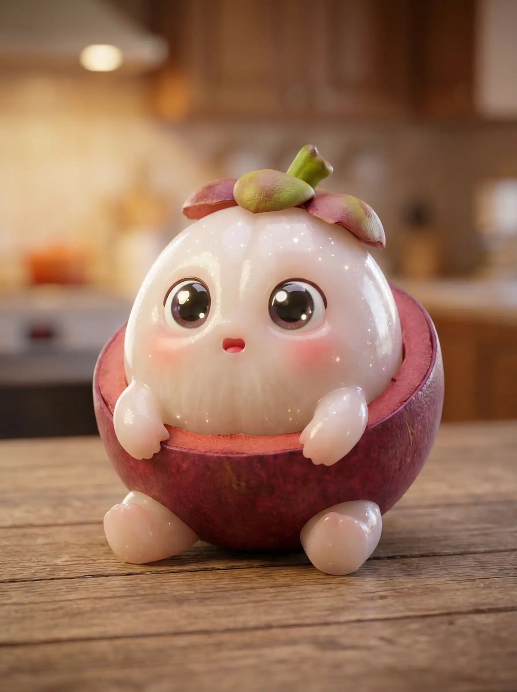 Niedliches Mangostan-Baby-Maskottchen auf Holztisch