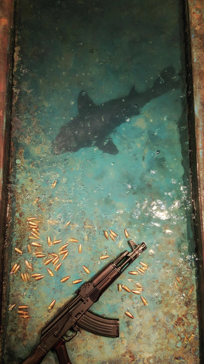 Man facing pool of sharks like a deadly roulette