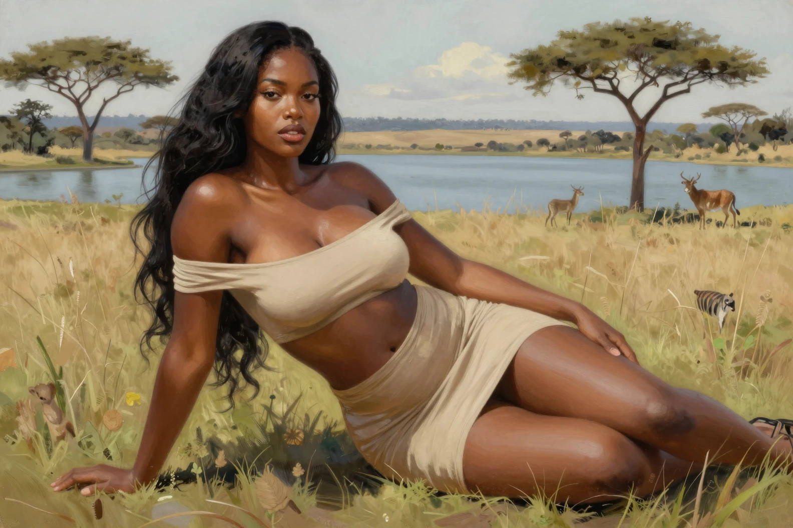 Curvy African woman lounging by a lake in the savannah