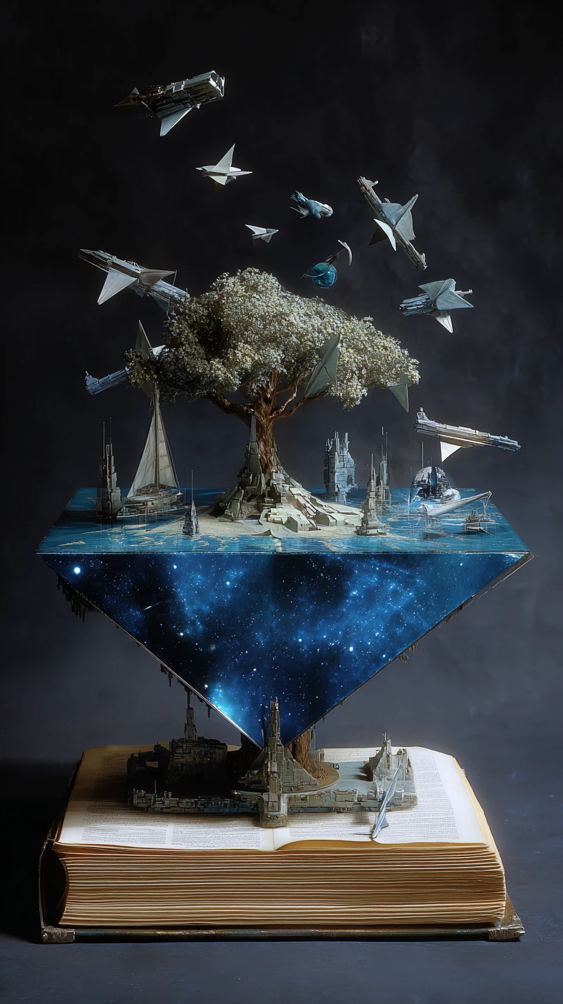Surreal atlas resting on a trunk in an abstract space