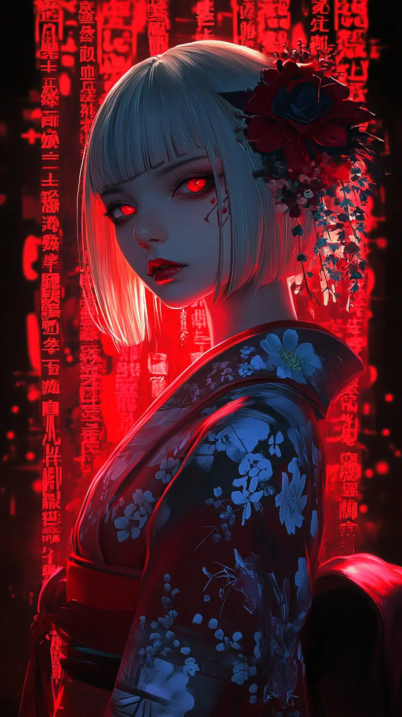 Mujer de anime con kimono rojo frente a texto japonés brillante
