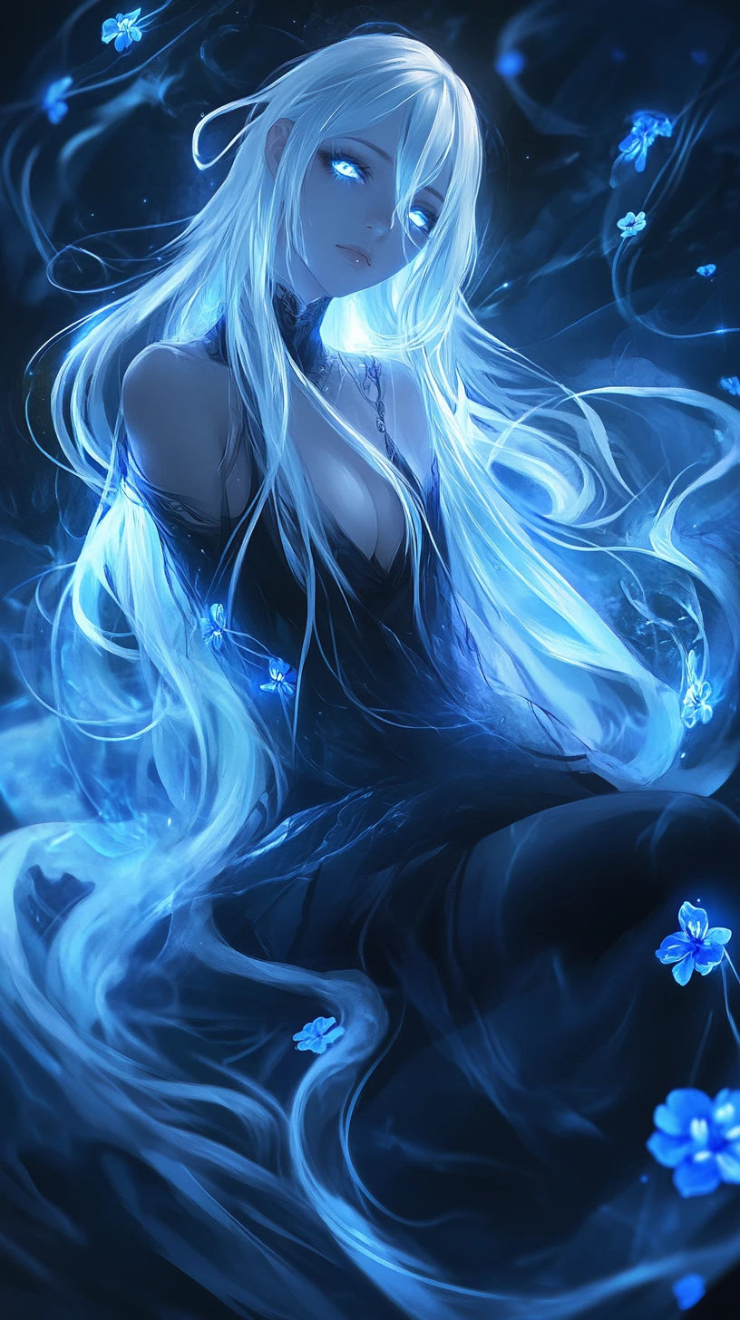 Ethereal ghostly woman glowing in a dark blue void
