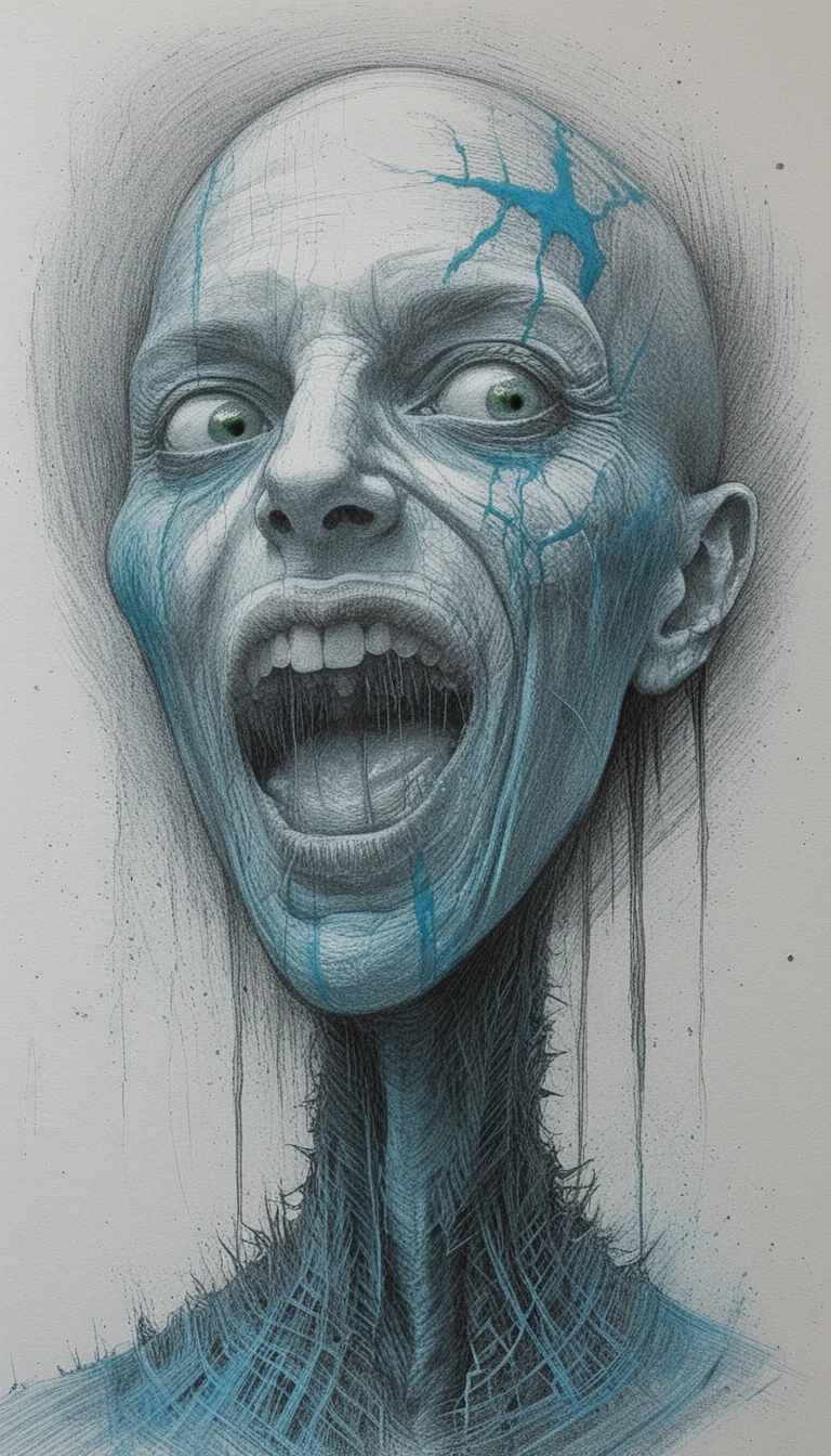 Cabeza desollada atormentada gritando en estilo de dibujo a tinta