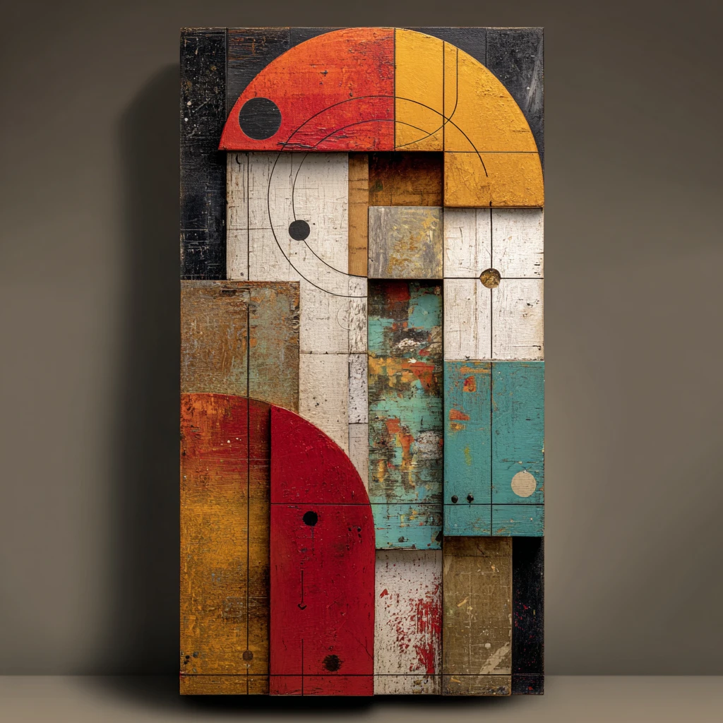 Vertical mixed media geometric abstract on dark wooden panel