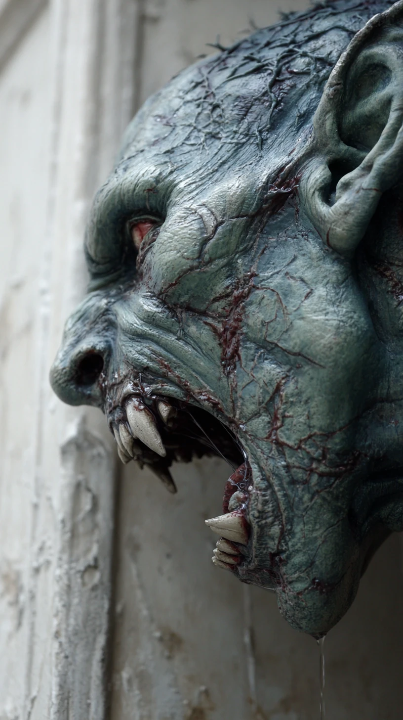 Monstro grotesco gritando de perfil com pele verde manchada de sangue