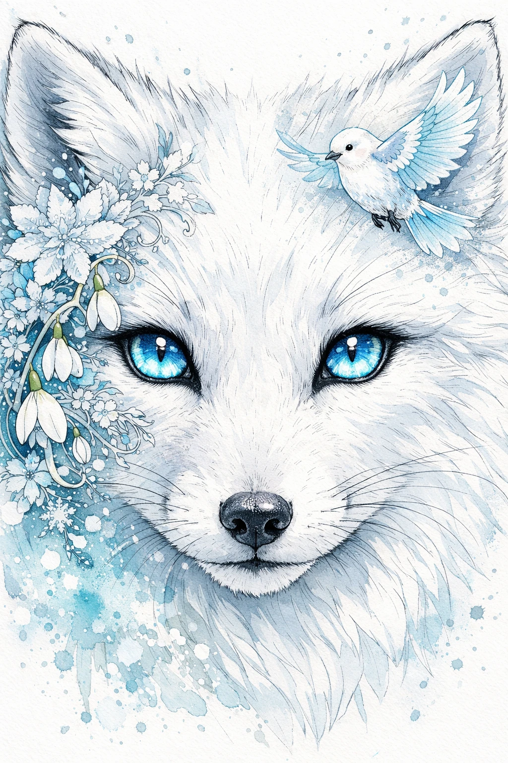 Retrato de raposa-do-ártico com olhos azul-gelo em aquarela e tinta