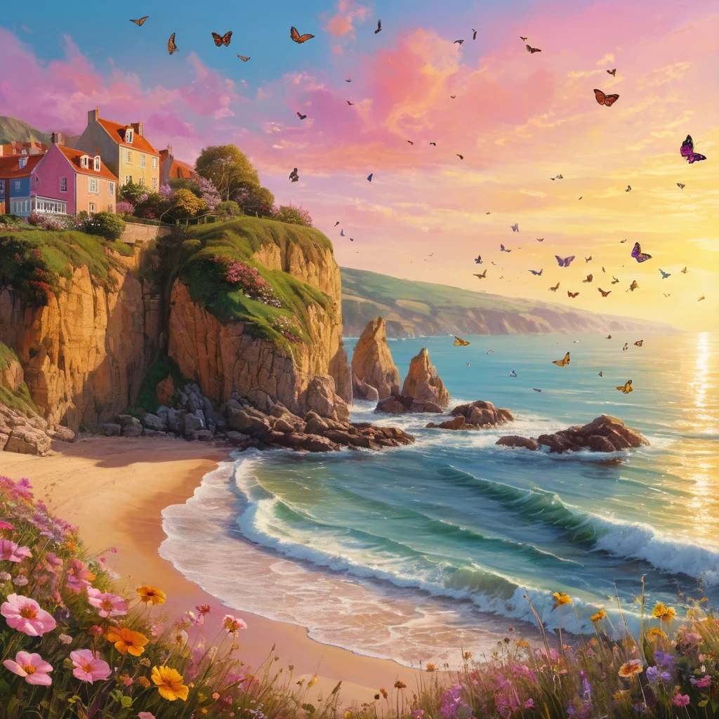 Goldener Sonnenuntergang über einer farbenfrohen Küstenstrand-Landschaft