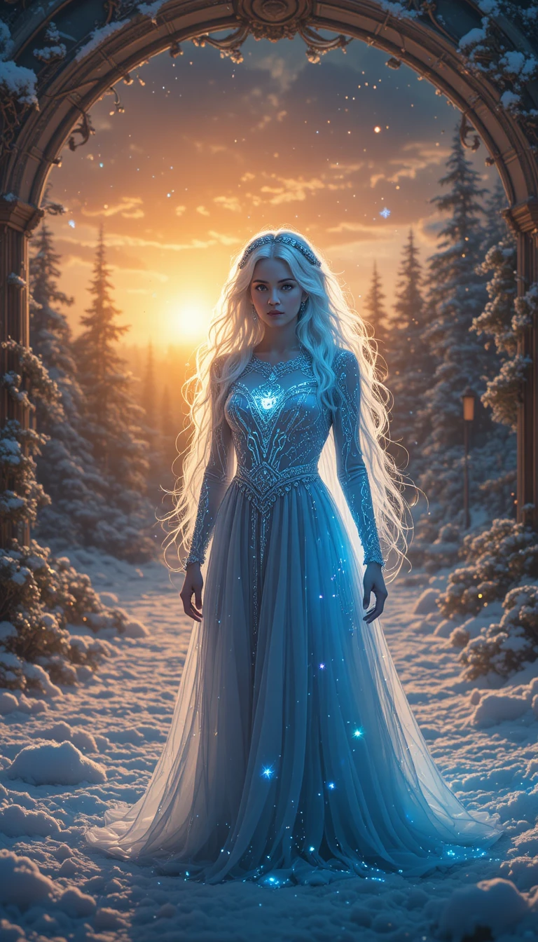 Mystische Zauberin am Rand eines Winterwunderlandes