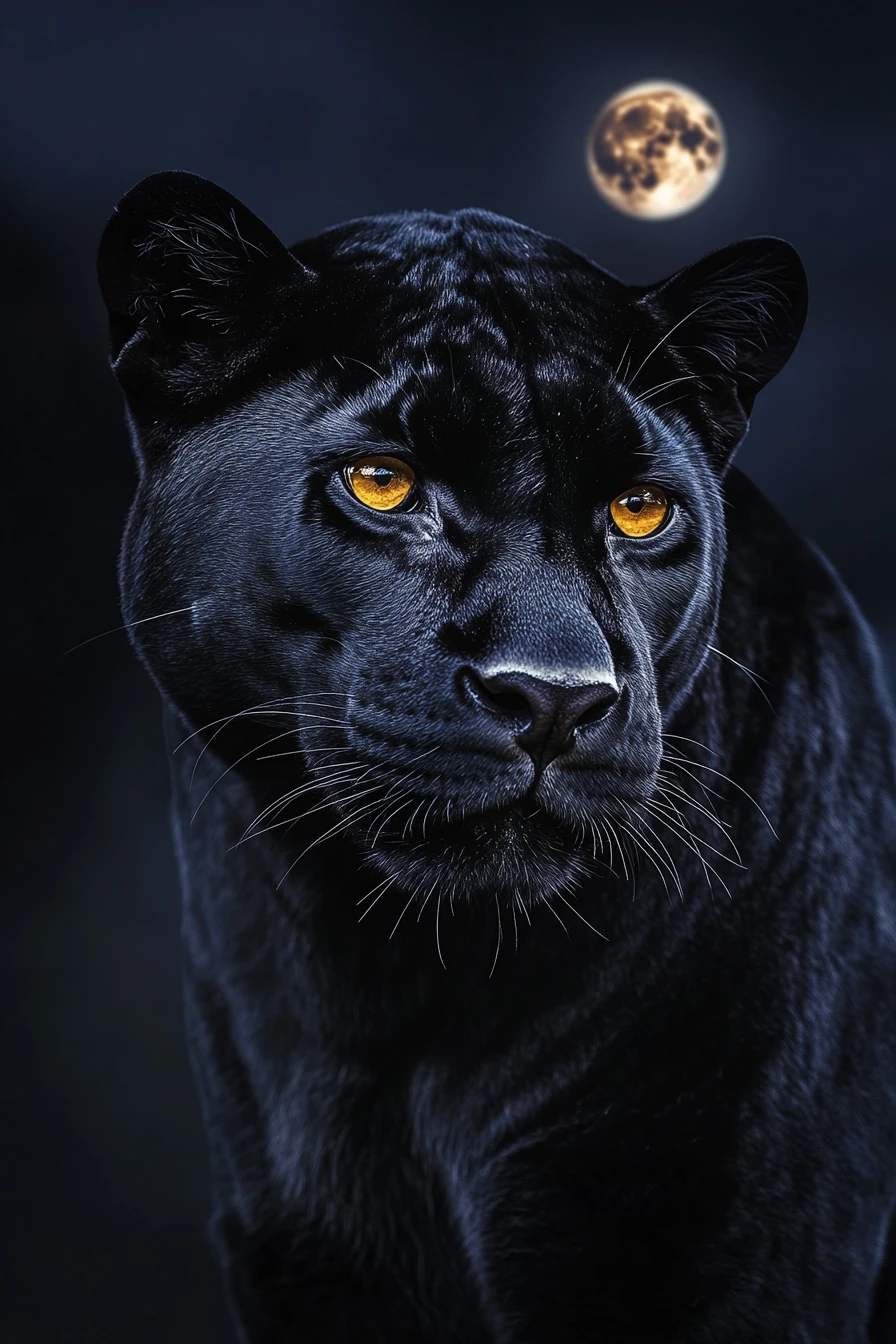 Black panther close up under a glowing full moon