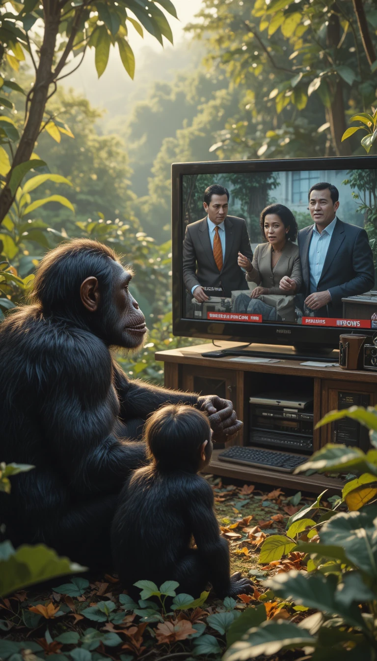 Chimpanzees Watching People News On A Large Forest Television