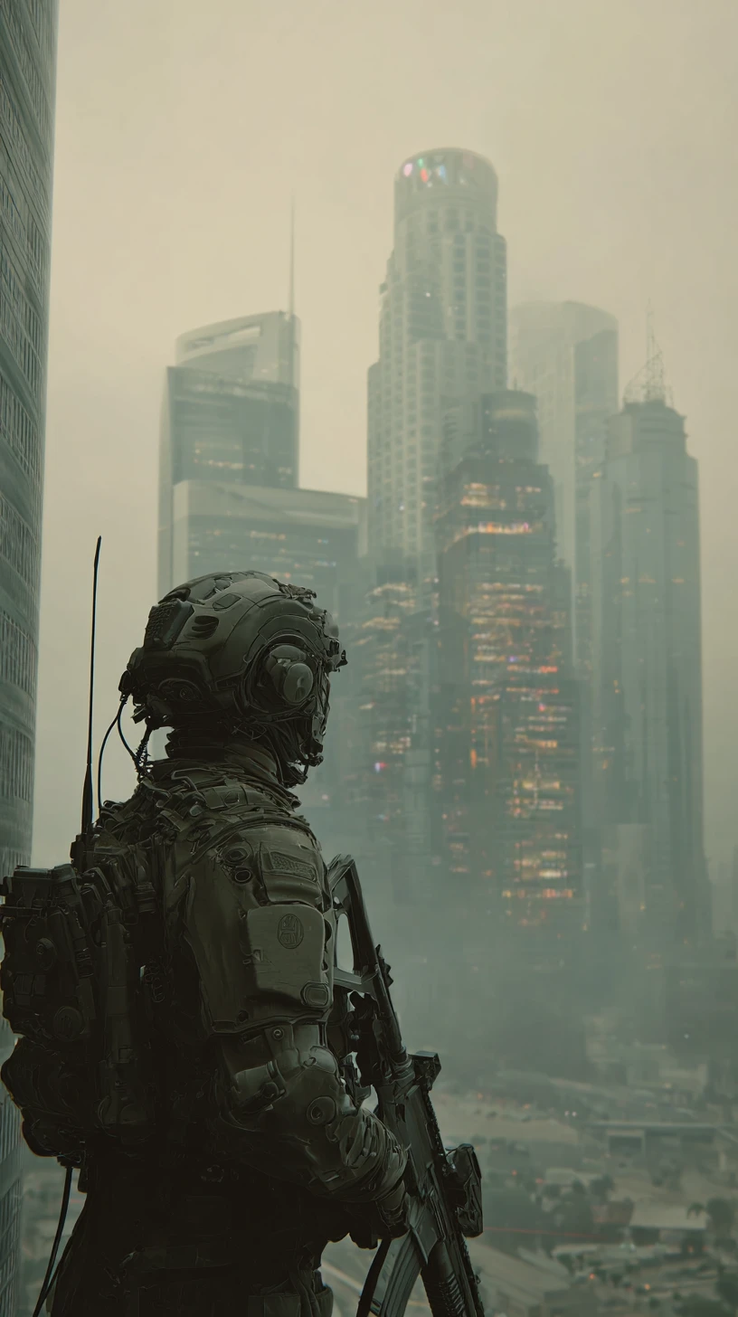 Ciborgue observando a caótica Los Angeles futurista de 2079