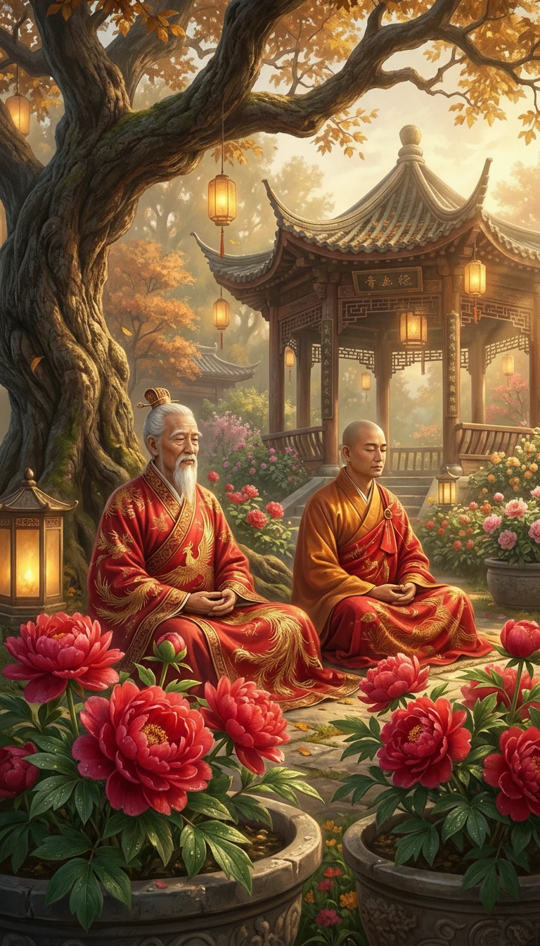 Vieux moine chinois méditant dans un jardin de temple lumineux