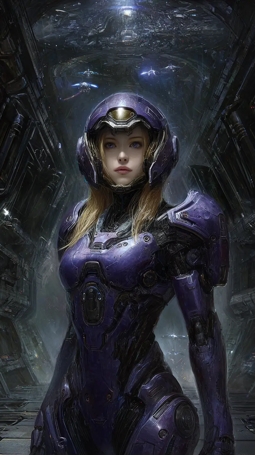 Guerreira androide feminina com armadura roxa em hangar espacial