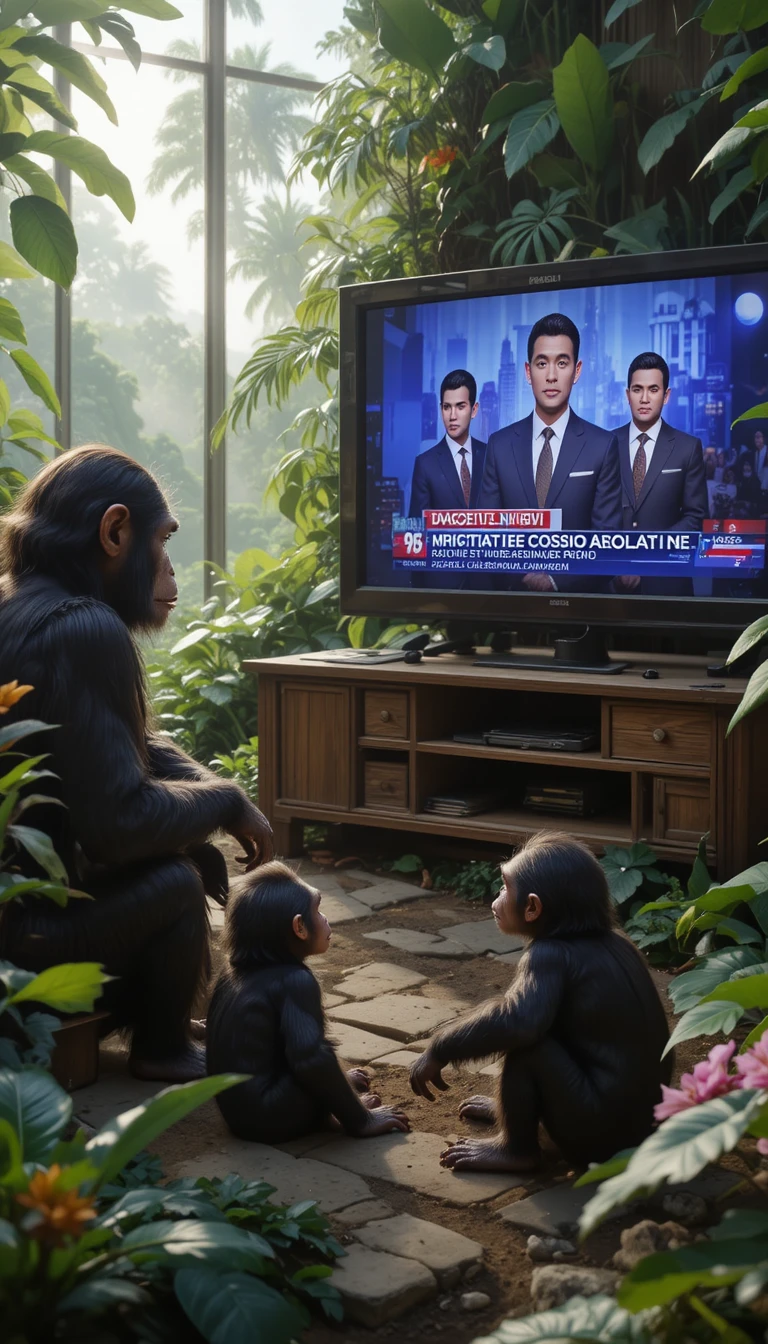 Chimpanzees Watching Trump News On A Large Forest Television