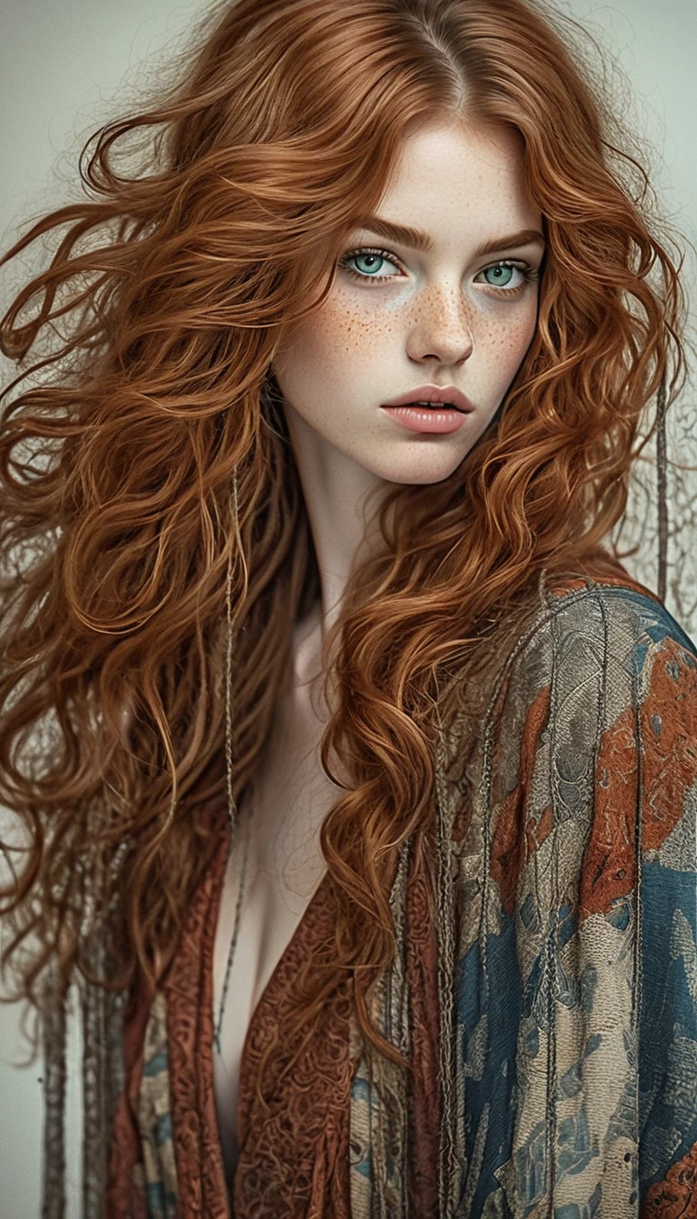 Close up portrait of a red haired woman in boho cape
