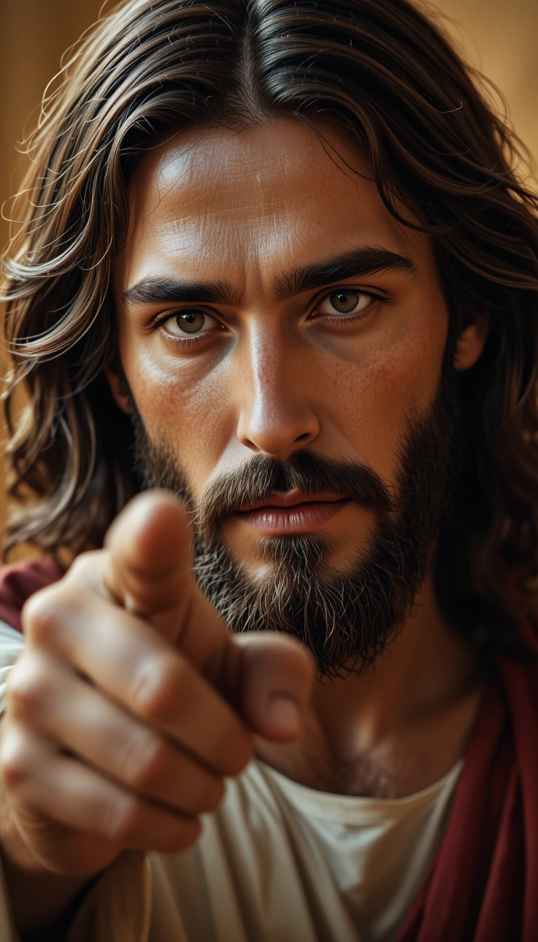 Portrait rapproché de Jésus au regard et au geste pleins de compassion