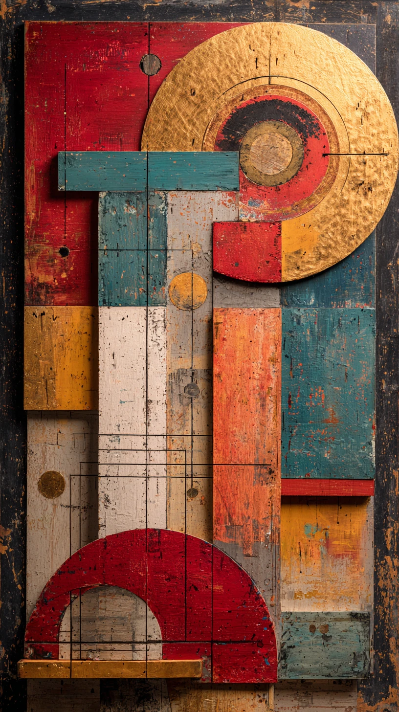 Astratto verticale mixed media con forme geometriche sovrapposte