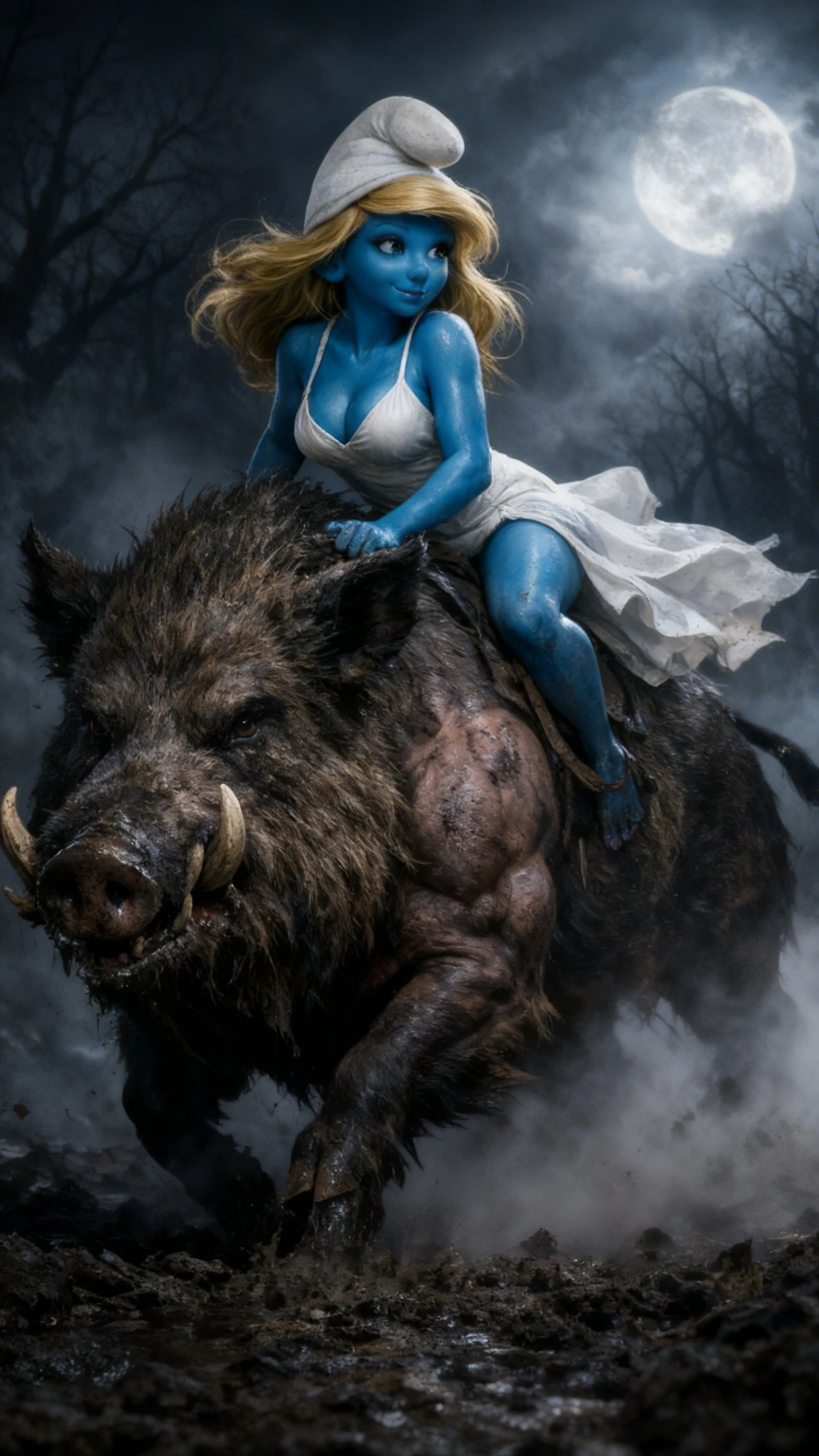 Woman in white riding a giant boar through wasteland