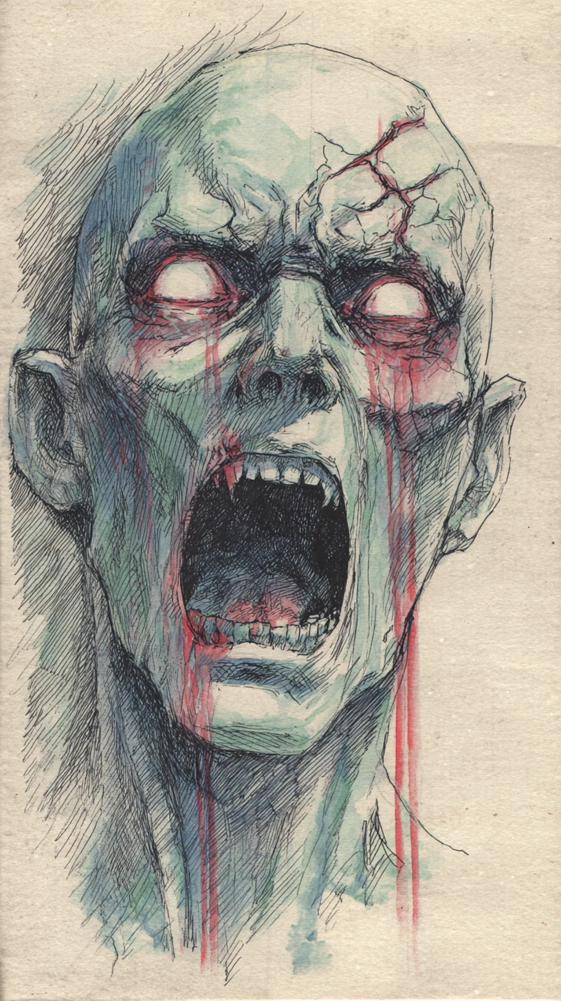 Cabeza desollada atormentada gritando en ilustración de tinta a trazos cruzados