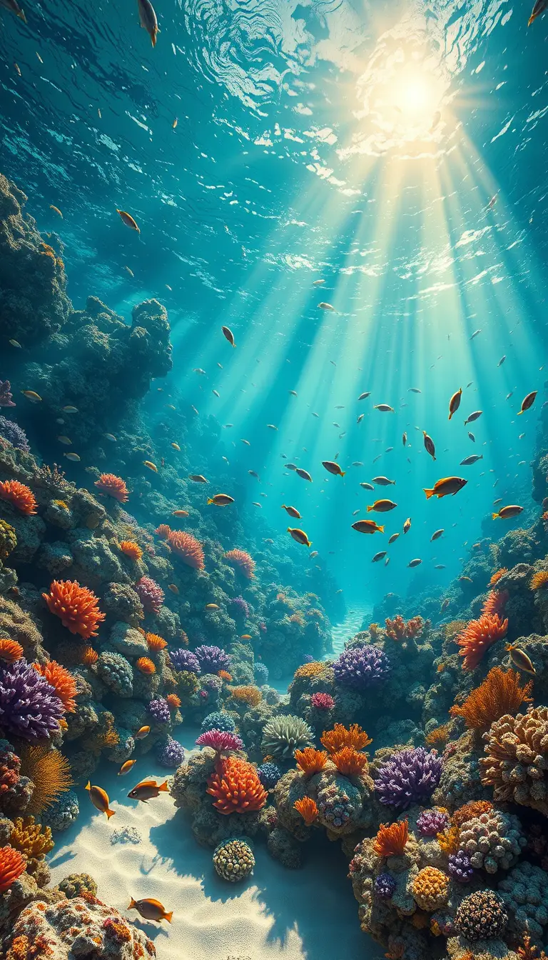 Récif Corallien Vibrant avec Poissons Colorés dans un Océan Baigné de Soleil